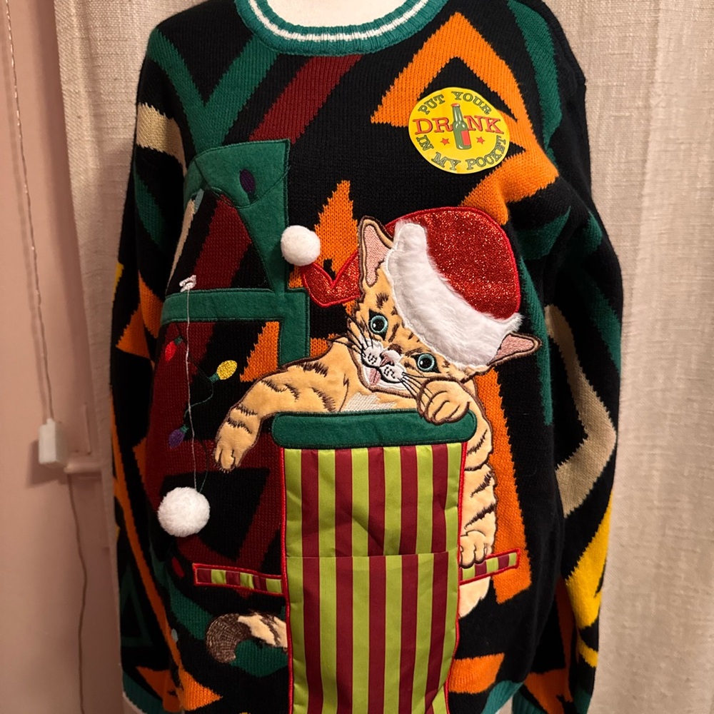 Festive Cat Sweater with Santa Hat - Multicolor